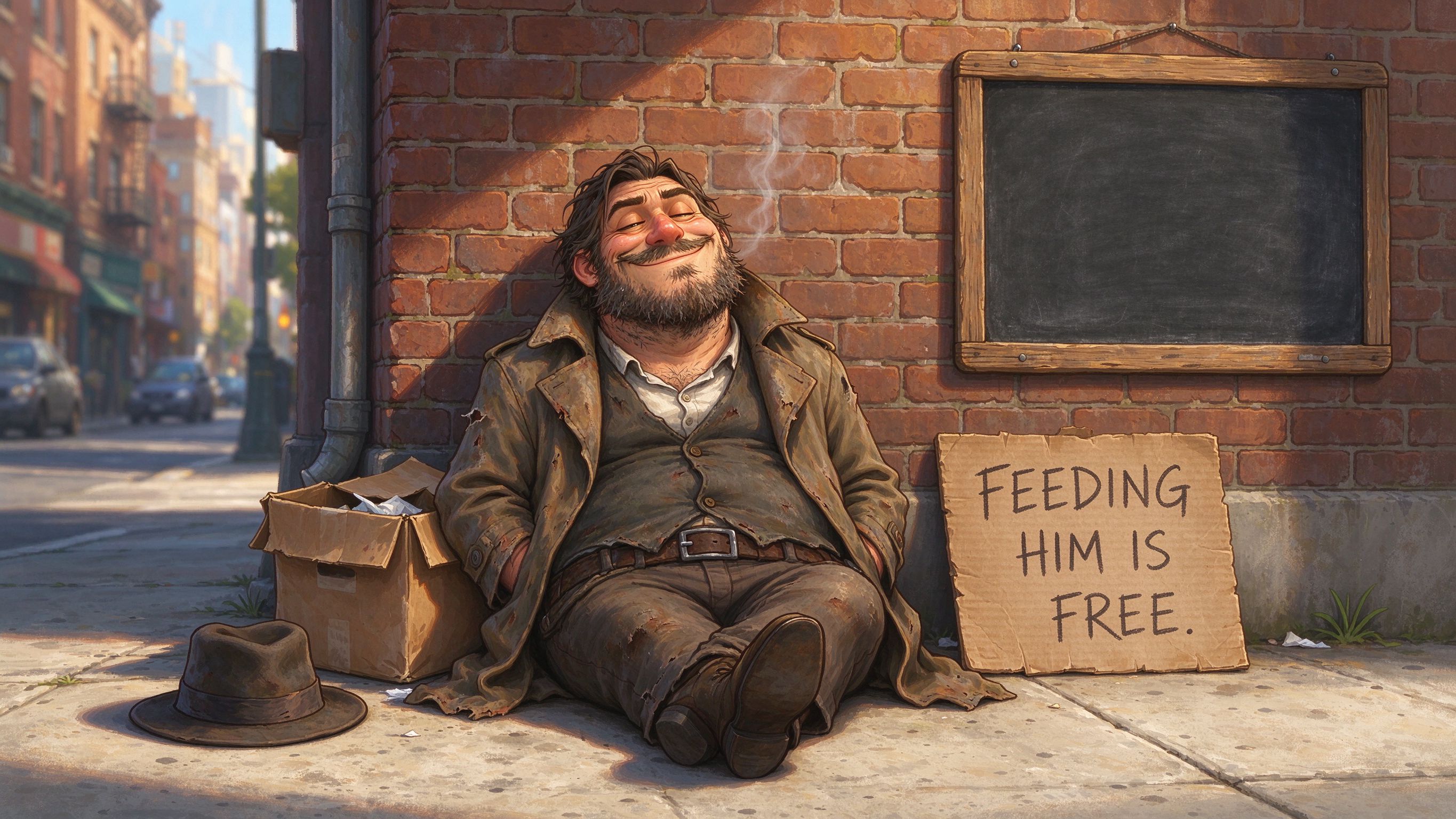 The wanderer, fed and proud, sunbathing under a wall.